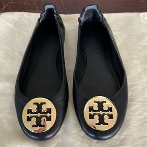 Tory Burch Miller Ballet Flats - black with gold logo - like new!
